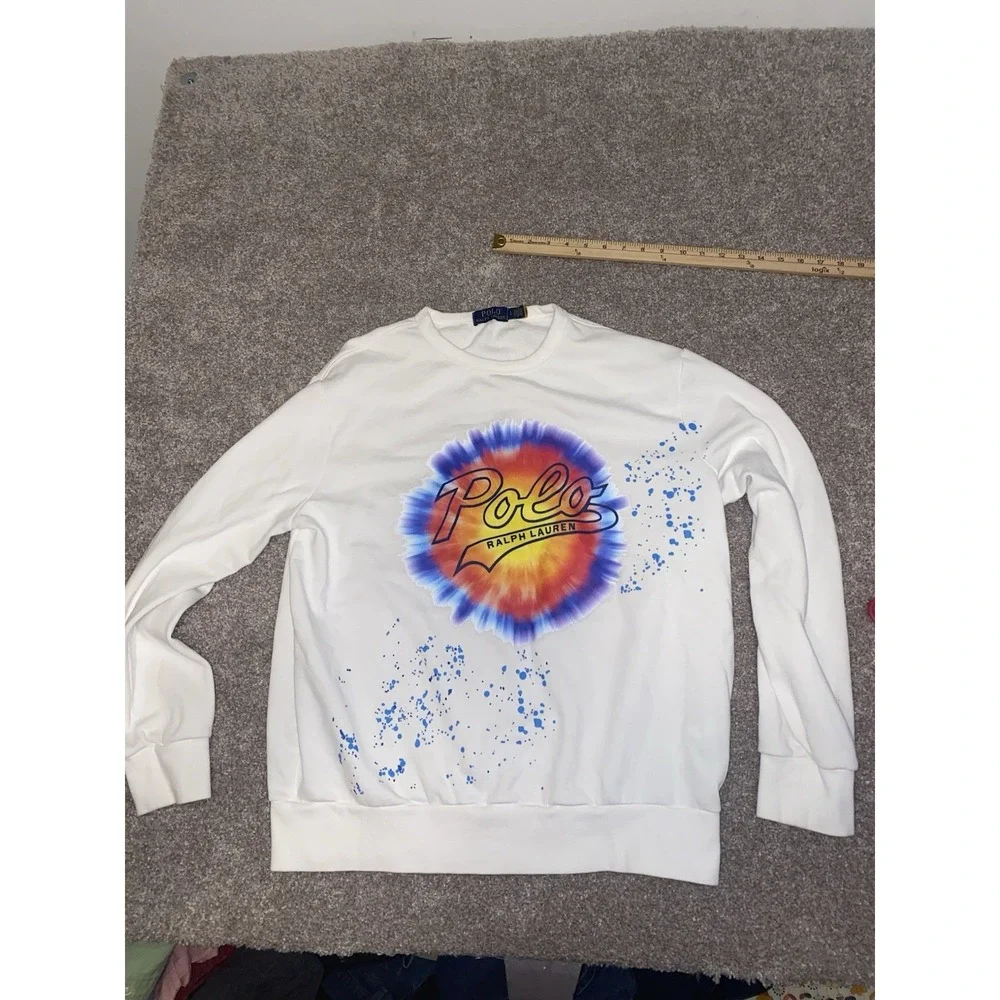 Polo Ralph Lauren Splatter Pattern Tie Dye Mens XL White Pullover Sweater Fleece
